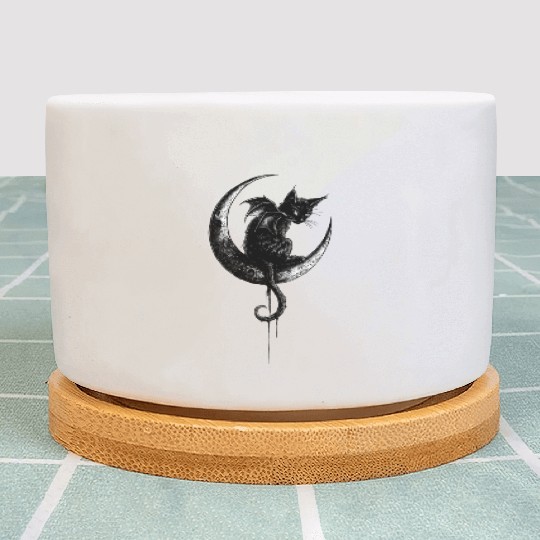 Cat With Bat Wings Sitting On Crescent Moon Goth Plant Pots
