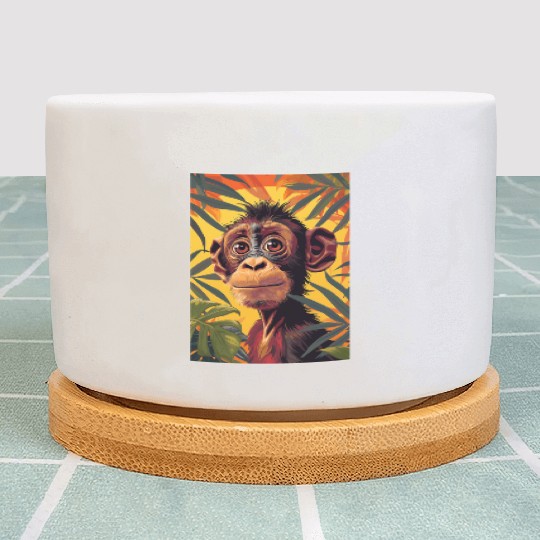 Chimpanzee close-up among branches. Plant Pots