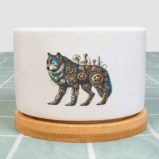 Steampunk Wolf Plant Pots, Mechanical Wolf Design