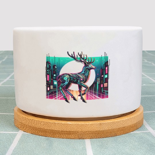 Cyberpunk Stag In Futuristic Cityscape Plant Pots