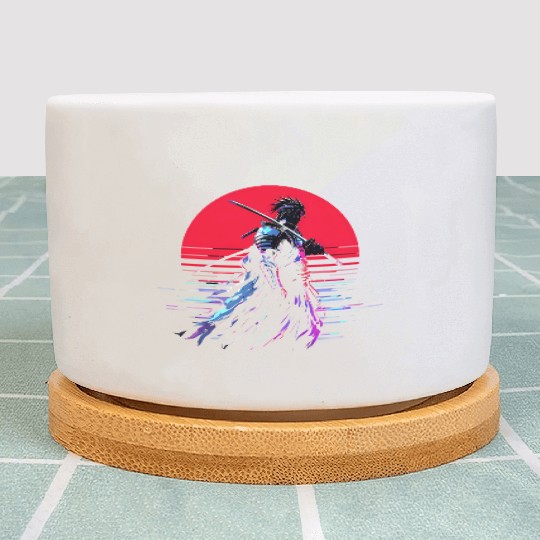 Cyberpunk Samurai Warrior Under Neon Moon Plant Pots