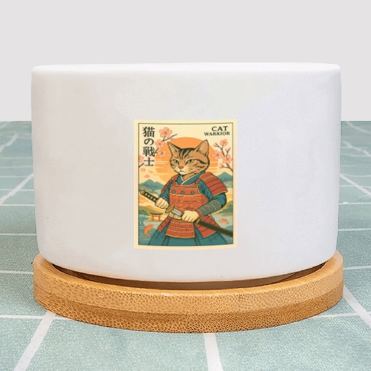 Samurai Cat in Traditional Armor Art Plant Pots