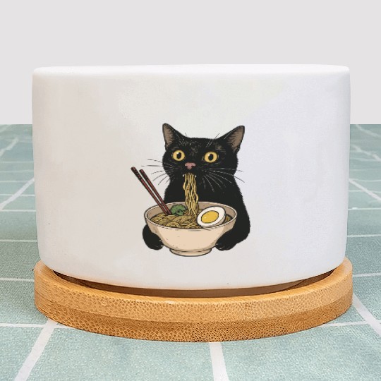 Black Cat Eating Ramen Noodles, Cute Japanese Food Plant Pots