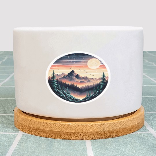 Retro 80s Gradient Sunset Mountain Sticker. Plant Pots
