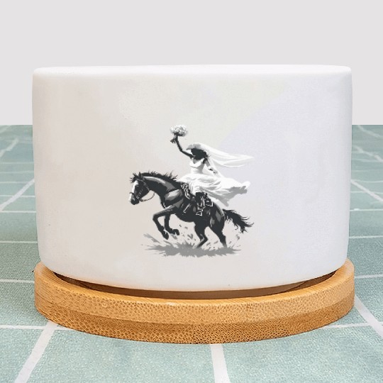 Western Cowgirl Bride on Bucking Horse – Grayscale Plant Pots