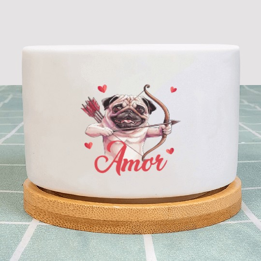 Amor Cupid Pug with Bow and Hearts Plant Pots