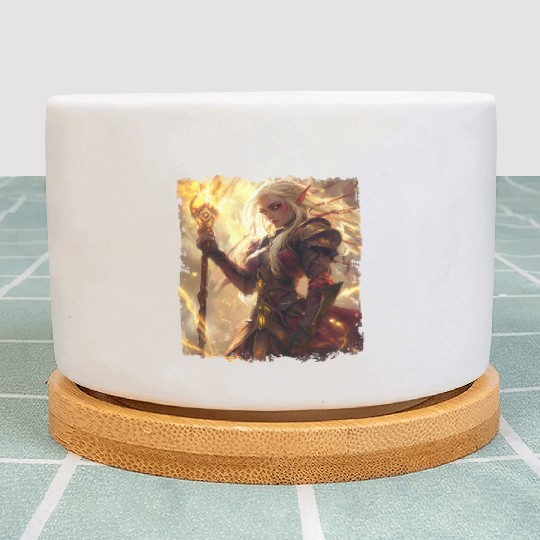 Fiery Elf Mage with Glowing Magical Staff Design Plant Pots