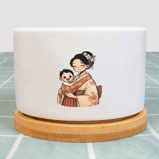 Elegant Asian Woman in Kimono Holding Baby Plant Pots