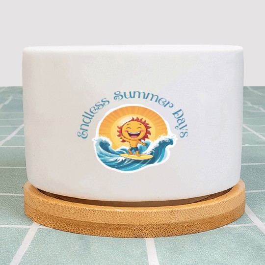 Cartoon Sun Surfing – Endless Summer Days. Plant Pots
