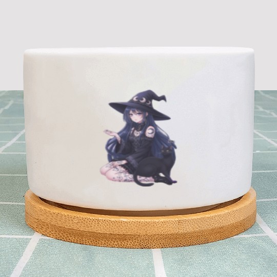 Dark Fantasy Anime Girl & Gothic Black Cat Art Plant Pots
