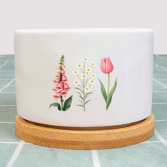 Foxglove Daisy Tulip Vintage Botanical Flowers Plant Pots