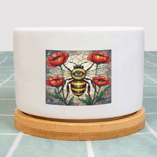 Bumble bee stained glass vibrant poppy flower eye Plant Pots