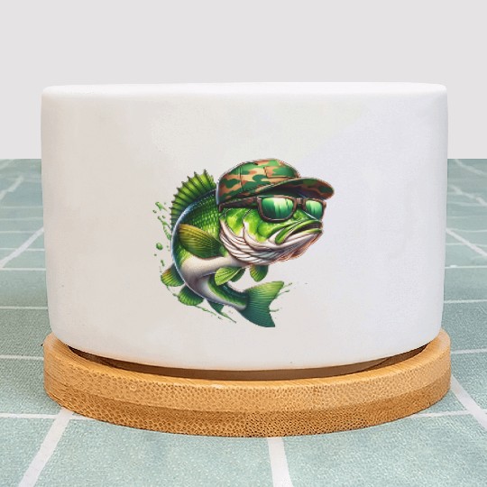 Camo Hat Bass Fish with Green Sunglasses Plant Pots