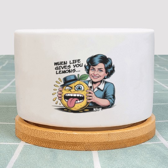 Smiling woman holding sour lemon cartoon face Plant Pots