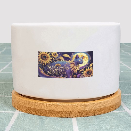 Celestial Cat Among Sunflowers and Moonlit Night Plant Pots
