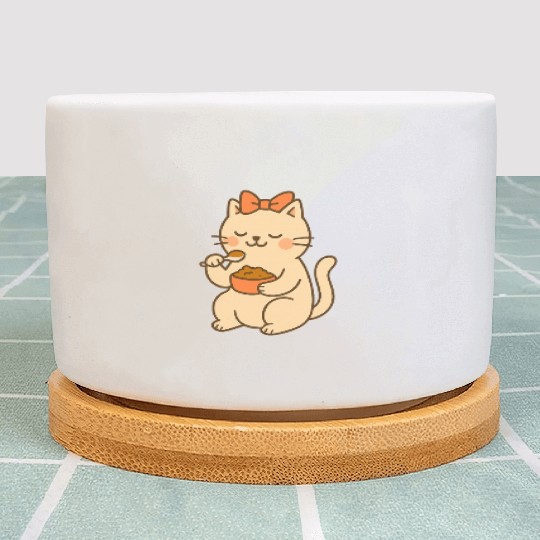 Cute Cat with Bow Eating SoupCute Kawaii Cat Eatin Plant Pots