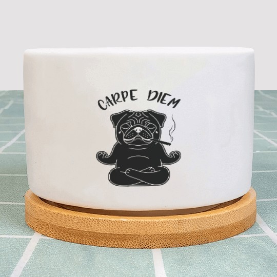 Meditative Pug with 'Carpe Diem' Text Plant Pots