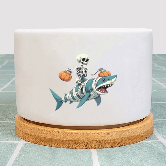Skeleton Riding Shark Mummy Funny Halloween Plant Pots