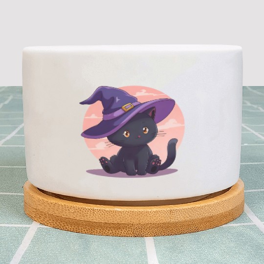 Whimsical Halloween Cat with Witch Hat Plant Pots