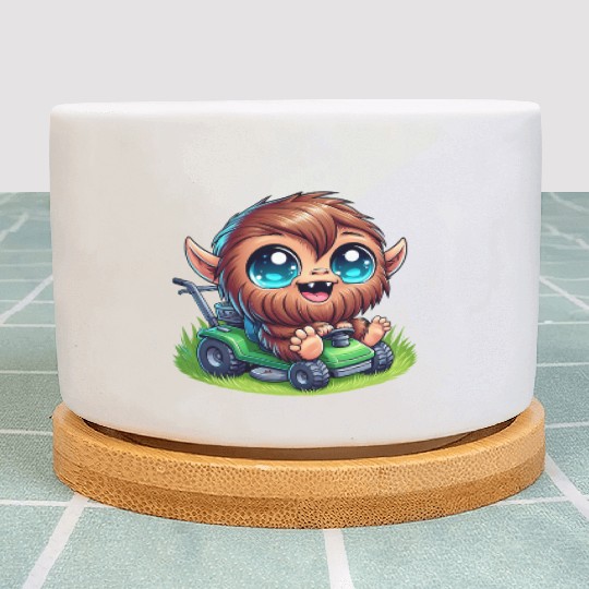 Cute Bigfoot Sasquatch lawnmower gardening cartoon Plant Pots