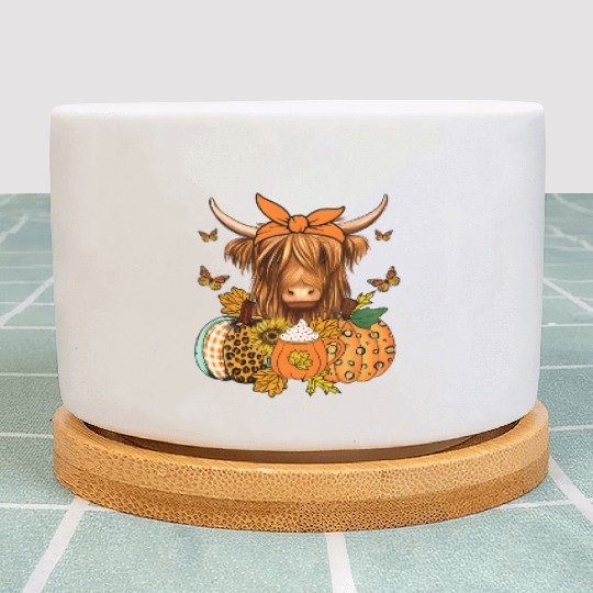 Autumn Highland Cattle with Fall Decor Plant Pots