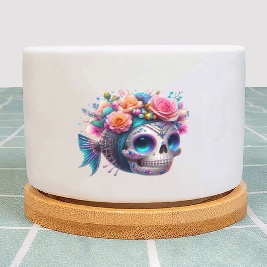 Colorful Sugar Skull with Floral Crown Plant Pots