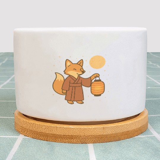 Cute Fox in Traditional Kimono with Lantern Plant Pots