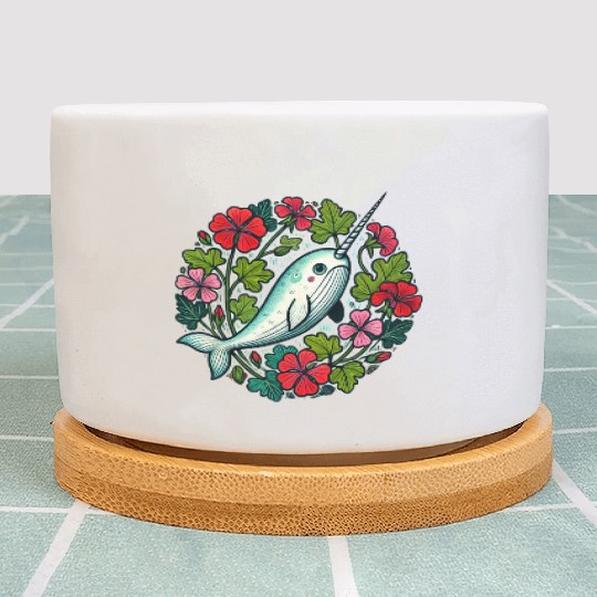 Whimsical Narwhal Amid Floral Bloom Plant Pots