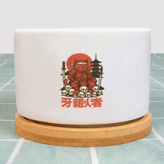 Samurai Cat with Skulls and Pagoda Plant Pots