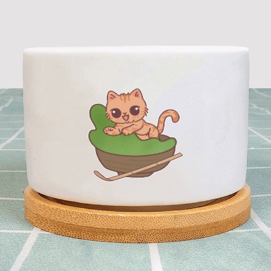 Kawaii Cat in Matcha Tea Bowl Plant Pots