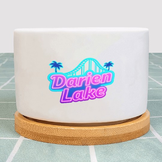 Neon Daren Lake Sign with Roller Coaster and Palms Plant Pots
