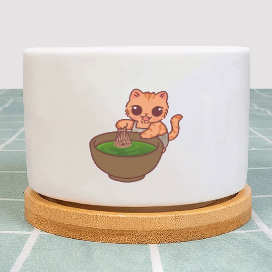 Kawaii Cat Matcha Barista Whisking Tea Plant Pots