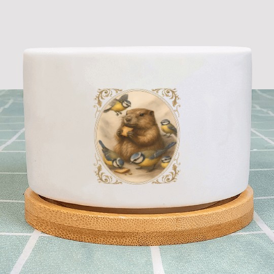 Marmot groundhog cute animal eating with birds Plant Pots