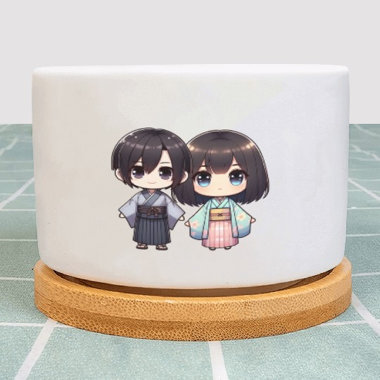 Chibi Kawaii Traditional Kimono Duo Plant Pots