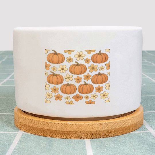 Autumn Pumpkin and Flower Pattern Plant Pots