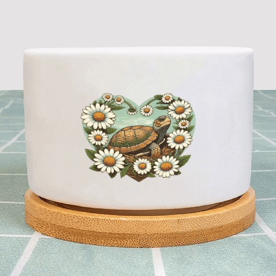 Turtle surrounded by Daisy Heart Design Plant Pots