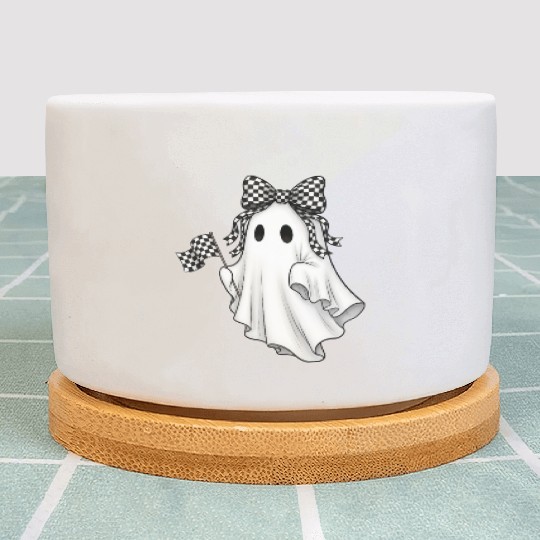 Ghost Boo Checkered Bow Race Day Racing Flag Racer Plant Pots