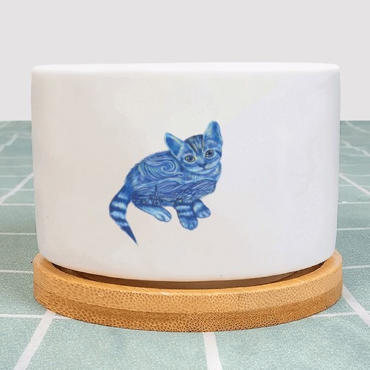 Blue Van Gogh Starry Night Bengal Cat Illustration Plant Pots