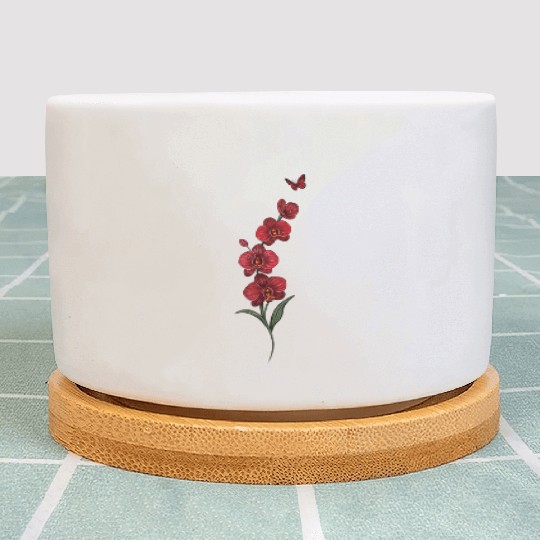 Red Orchid Flowers illustration with red butterfly Plant Pots