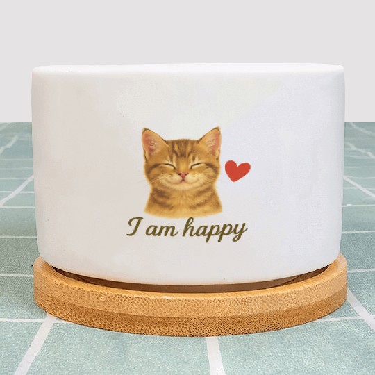 I Am Happy – Cute Realistic Cat with Red Heart Plant Pots