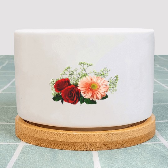 Gerbera Daisy And Two Roses Plant Pots