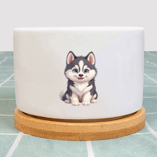 Playful Husky Cartoon Illustration Plant Pots