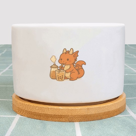 Cute Dragon with Bubble Tea Design Plant Pots