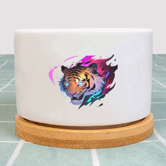 A fierce tiger head with glowing blue eyes Plant Pots