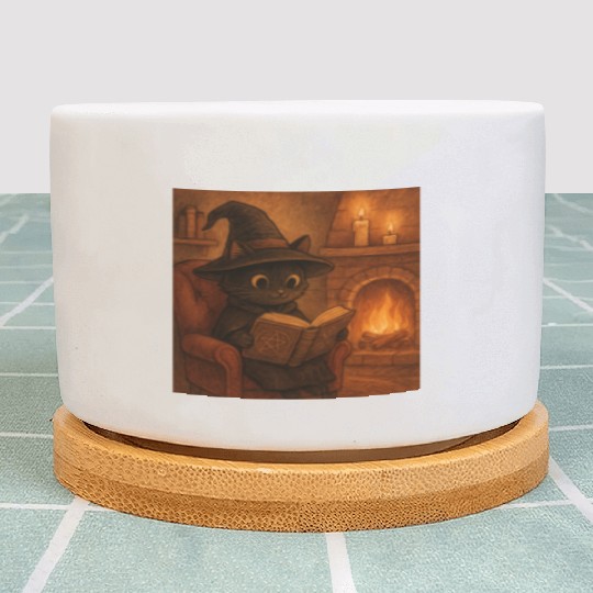 Enchanted Cat Witch by the Fireplace Plant Pots