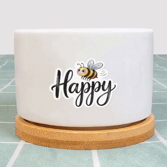 Whimsical Bee and Happy Text Artwork Plant Pots