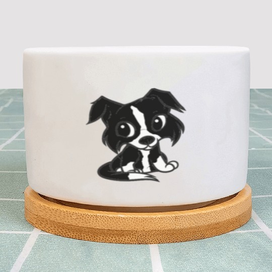 border collie bw cartoon Plant Pots