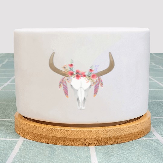 Floral Cow Skull With Feathers Bull Skull Plant Pots