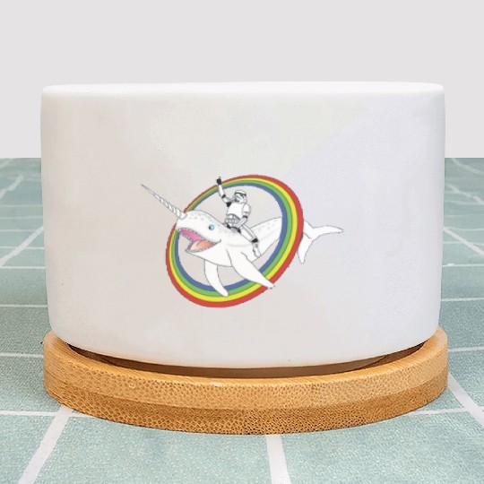 Spaceman riding narwhal through rainbow Plant Pots