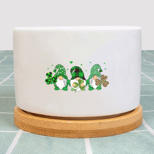 Three Gnomes Holding Shamrock Leopard Plaid Plant Pots